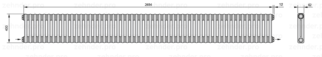 Схема (чертеж) Радиатор Zehnder Charleston 2040/54 №2670 Белый глянцевый RAL 9016